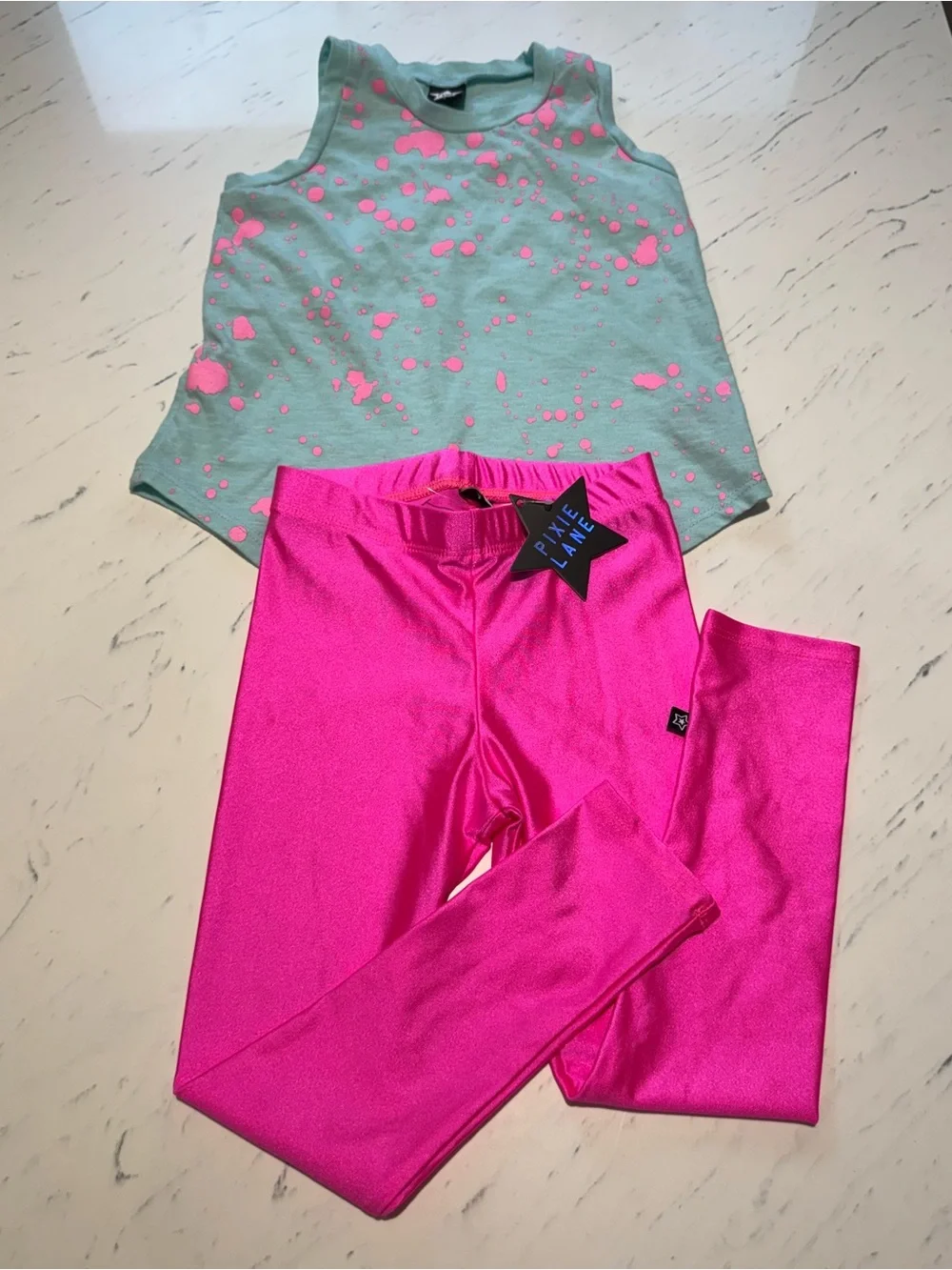 Girls Baby Blue Splatter Tank & Hot Pink Shiny Leggings NWT